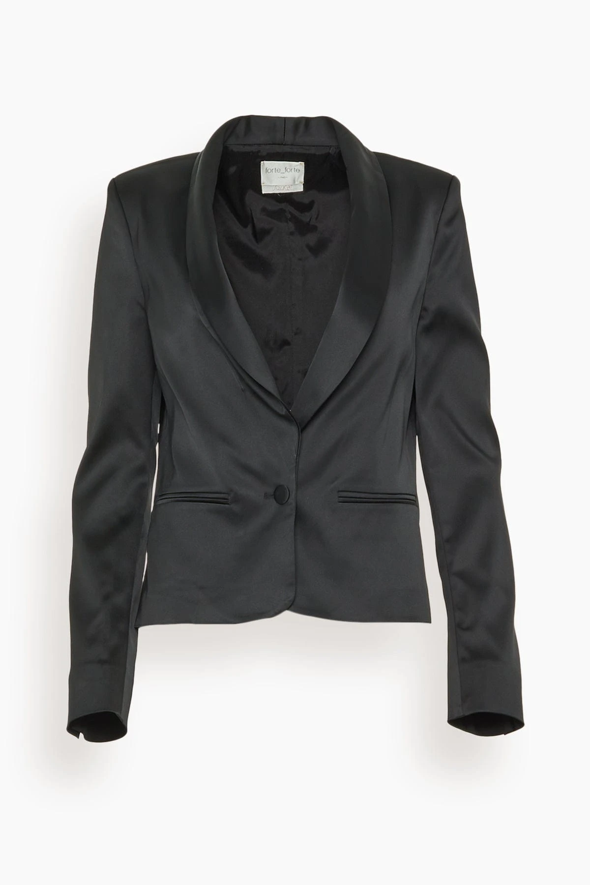 FORTE_FORTE Stretch Duchesse Tuxedo Jacket In Noir 1 FORTE_FORTE Stretch Duchesse Tuxedo Jacket In Noir
