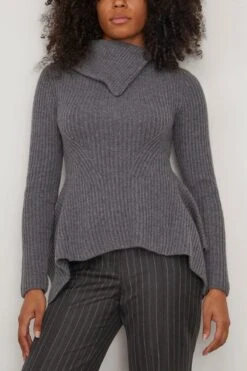 Keyara Foldover Collared Sweater In Charcoal Melange -Dries Van Noten Shop 298135 2