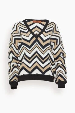 Missoni V-Neck Sweater In Zigzag Beige/White/Black