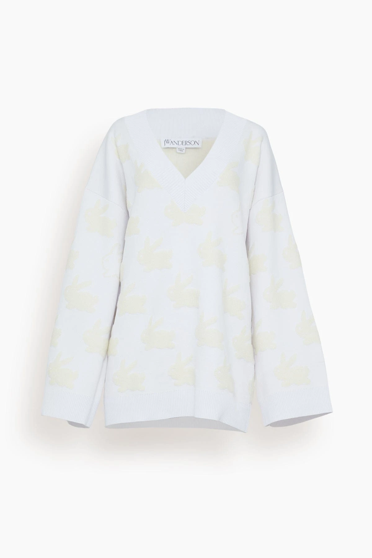 JW Anderson Bunny Jacquard V Neck Jumper In White/Ivory 1 JW Anderson Bunny Jacquard V Neck Jumper In White/Ivory