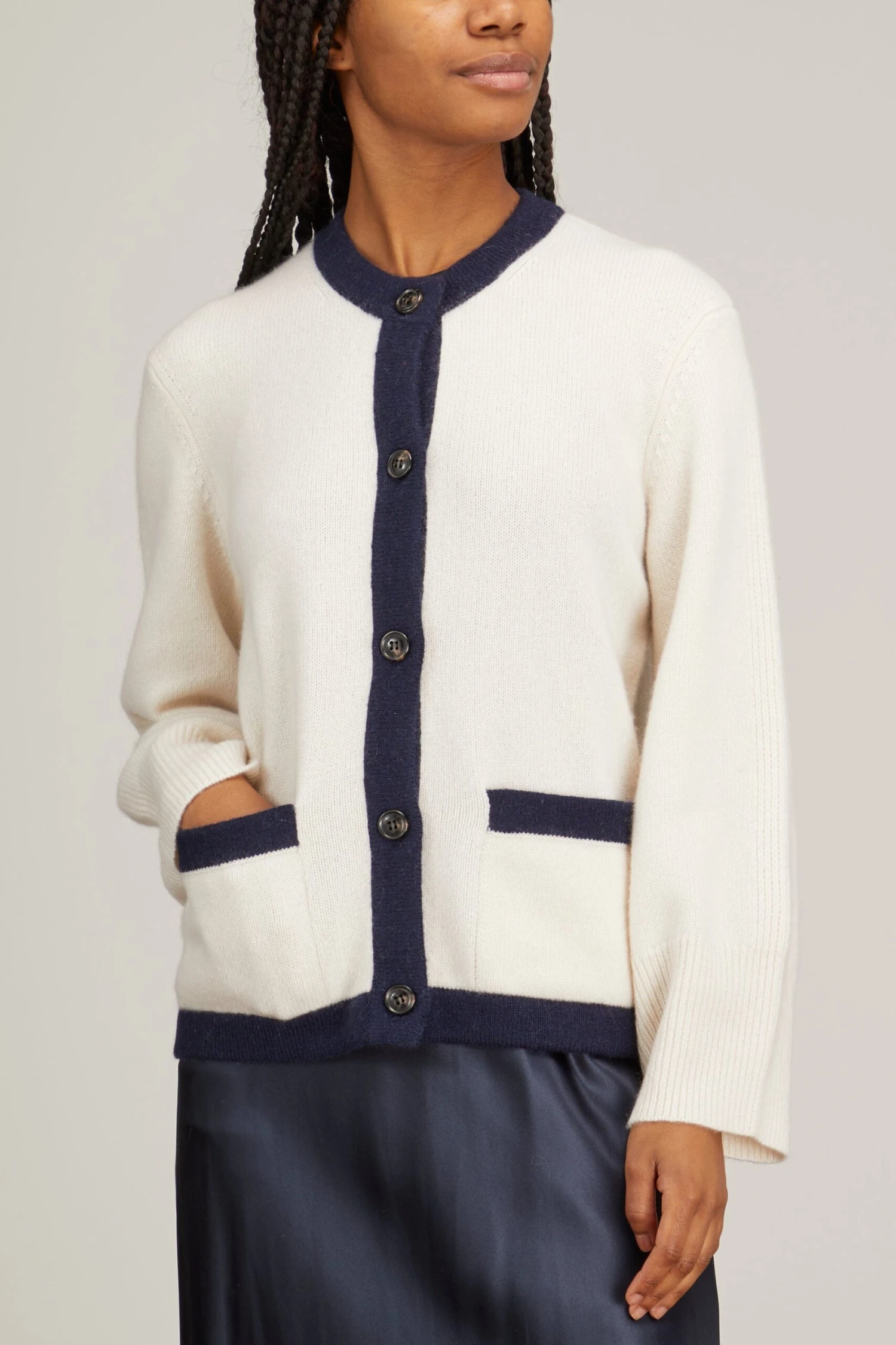 Belvedere Cardigan In Ivory/Navy Trim 3 Belvedere Cardigan In Ivory/Navy Trim - Image 3