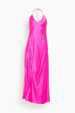 Hi Slit Deep V Halter Maxi Dress In Hot Fuschia