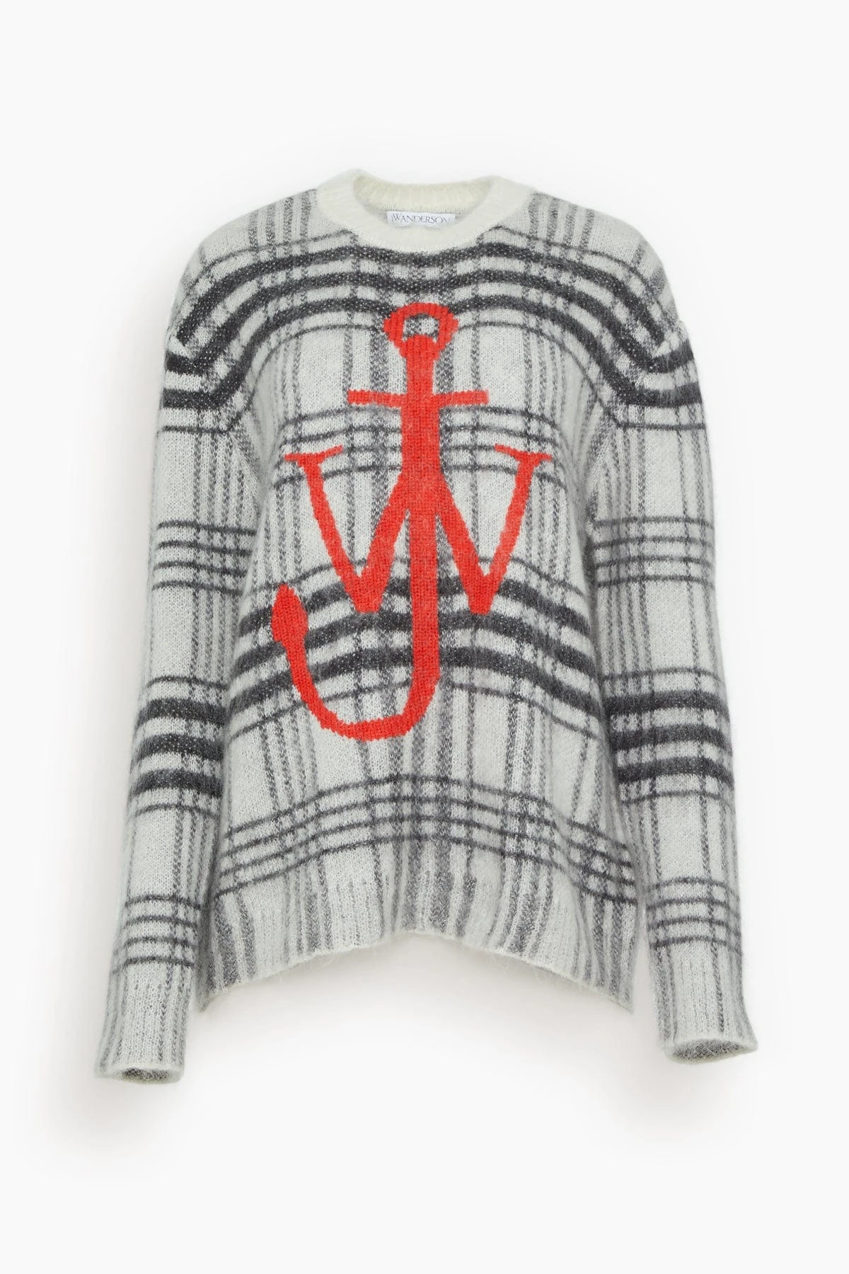 JW Anderson Tartan Check Crewneck Jumper In White/Black 1 JW Anderson Tartan Check Crewneck Jumper In White/Black