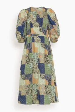 SEA Louie Patchwork Puff Sleeve Smocked Dress In Multi