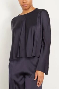 FORTE_FORTE Stretch Heavy Silk Satin Roundneck Shirt In Notte -Dries Van Noten Shop forte StretchHeavySilkSatinRoundneckShirtinNotte 2