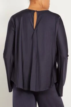 FORTE_FORTE Stretch Heavy Silk Satin Roundneck Shirt In Notte -Dries Van Noten Shop forte StretchHeavySilkSatinRoundneckShirtinNotte 3