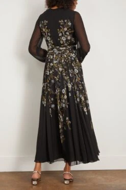 GIAMBATTISTA VALLI Printed Georgette Dress In Black/Green -Dries Van Noten Shop giambattista PrintedGeorgetteDressinBlackGreen 3