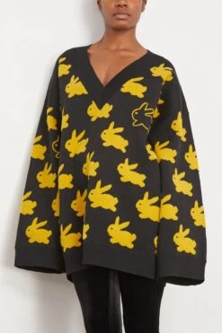 JW Anderson Bunny Jacquard V Neck Jumper In Black/Yellow -Dries Van Noten Shop jwanderson BunnyJacquardVNeckJumperinBlackYellow 2