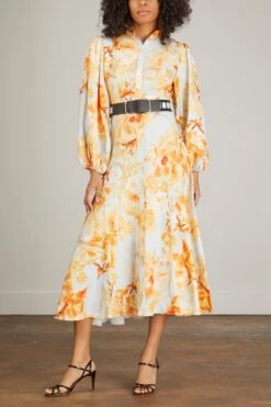 Nellie Midi Dress In Camellia Print In Apricot -Dries Van Noten Shop leo lin nellie midi dress in camellia print in apricot 2