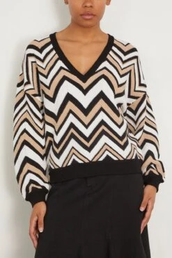 Missoni V-Neck Sweater In Zigzag Beige/White/Black -Dries Van Noten Shop missoni V NeckSweaterinZigzagBeigeWhiteBlack 2