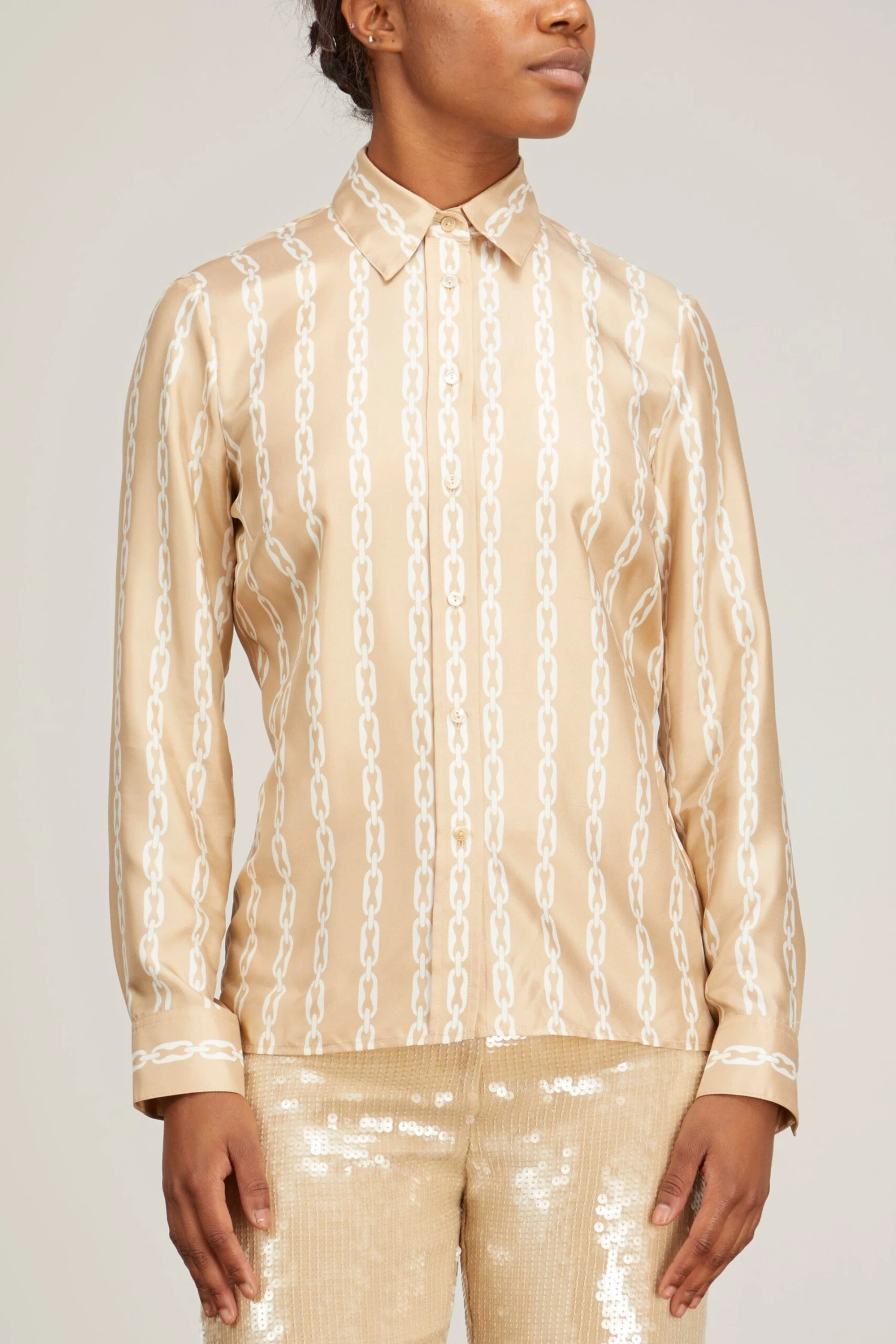 NILI LOTAN Lou Shirt In Chain Link Khaki/Ivory 3 NILI LOTAN Lou Shirt In Chain Link Khaki/Ivory - Image 3