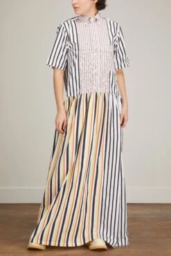 Long Dress In White Base Black Stripe -Dries Van Noten Shop planc long dress in white base black stripe 2