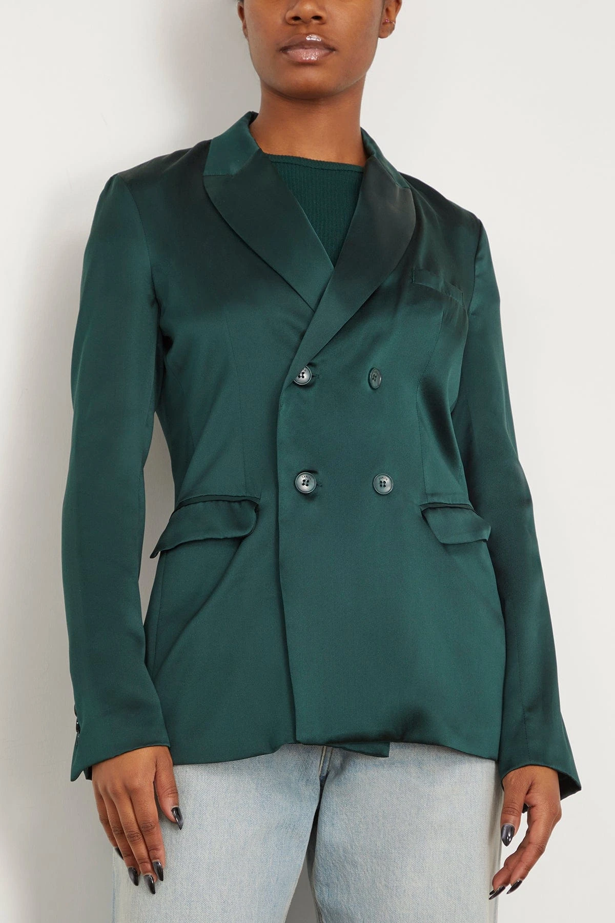 Virginie Double Breasted Silk Blazer In Deep Forest 3 Virginie Double Breasted Silk Blazer In Deep Forest - Image 3