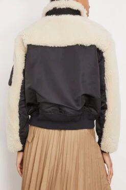 Sacai Faux Shearling X Nylon Twill Mix Blouson In Black X Ecru -Dries Van Noten Shop sacai FauxShearlingxNylonTwillMixBlousoninBlackxEcru 3