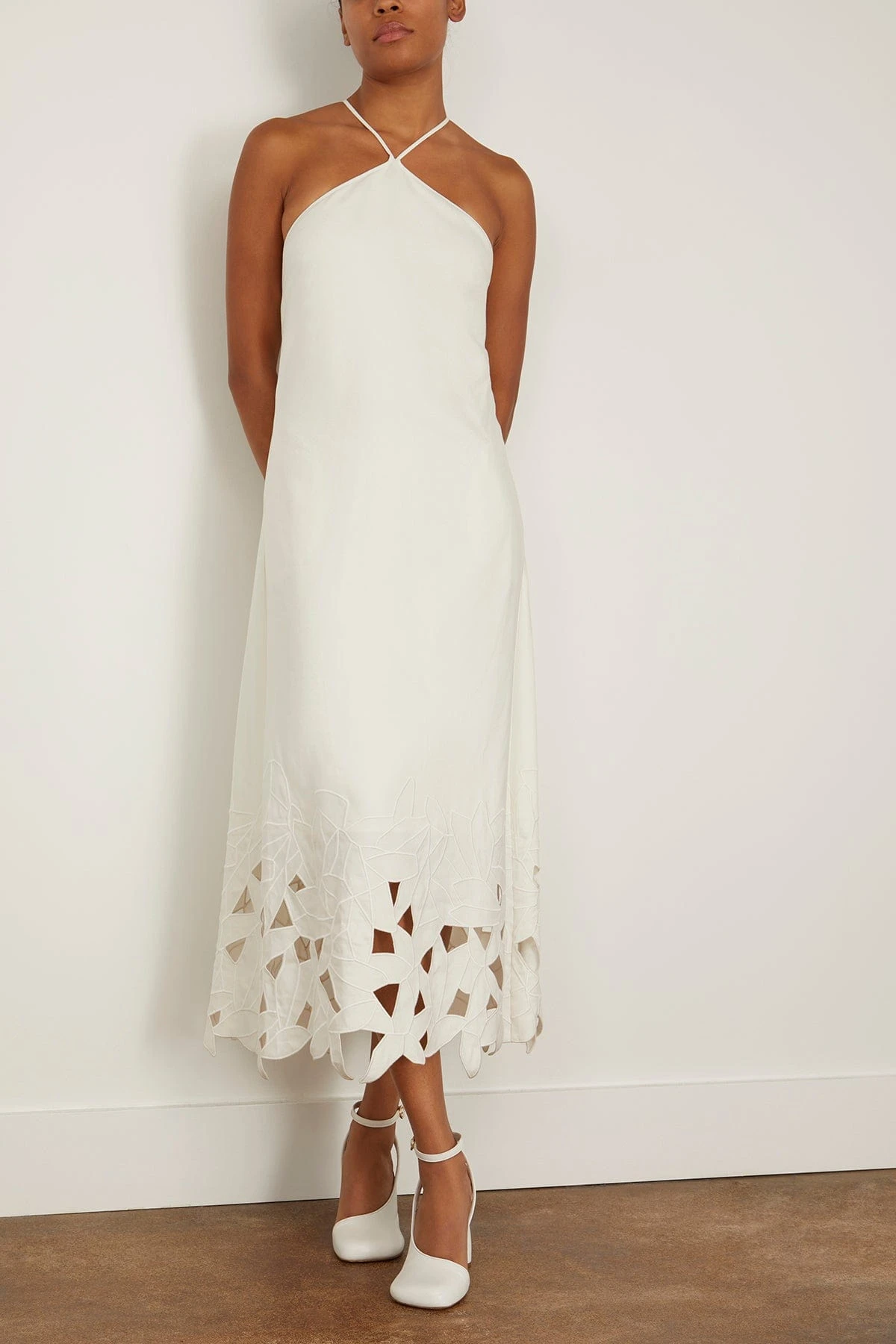 Simone Abstract Embroidered Halter A Line Midi Dress In White 3 Simone Abstract Embroidered Halter A Line Midi Dress In White - Image 3