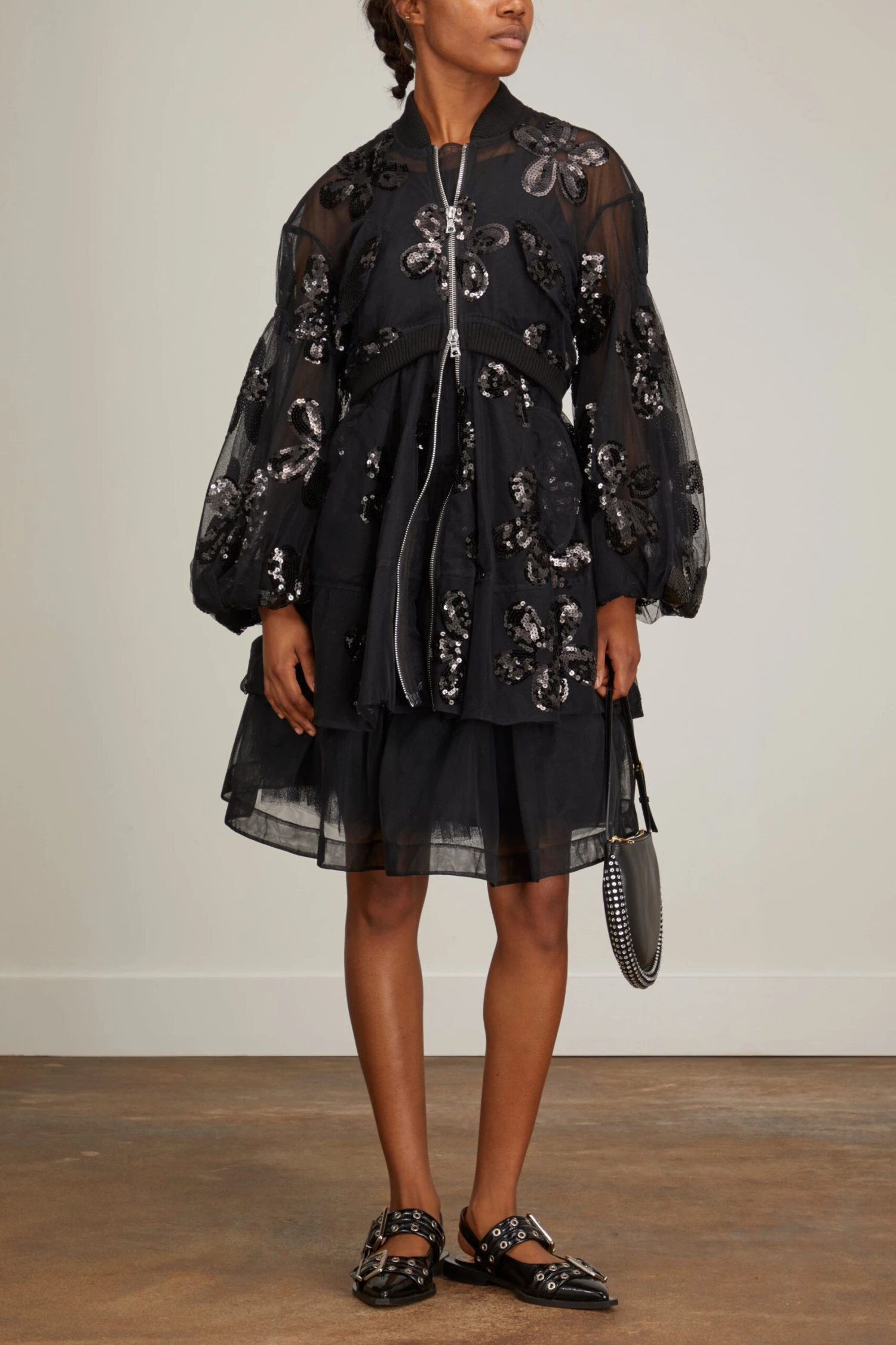Simone Rocha Long Puff Sleeve Zip-Up Bomber Coat In Black 2 Simone Rocha Long Puff Sleeve Zip-Up Bomber Coat In Black - Image 2