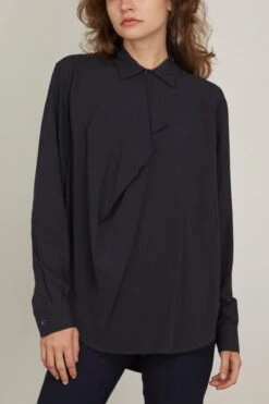 Toteme Drape-Front Shirt In Navy -Dries Van Noten Shop toteme Drape FrontShirtinNavy 2