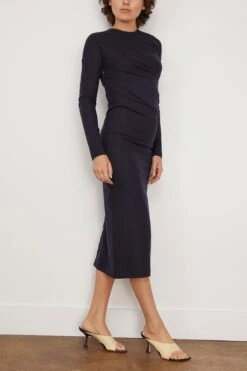 Toteme Twisted Flannel Dress In Navy -Dries Van Noten Shop toteme TwistedFlannelDressinNavy 2